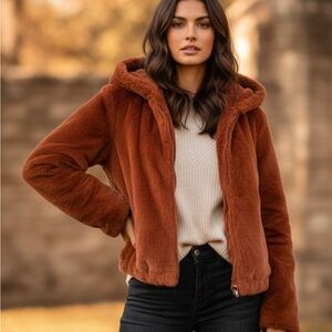 Daytrip Burnt rust Orange fuzzy teddy jacket hoodie Cozy Zipup sweater coat Sz M